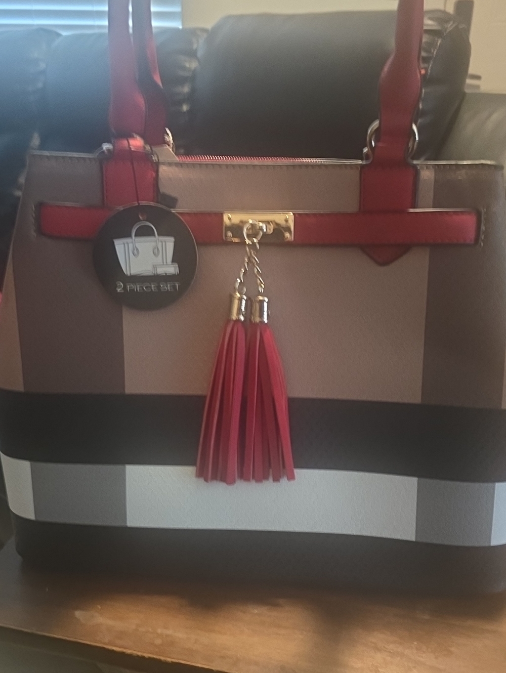 Structured Tote Handbag with Red Trim and Tassel